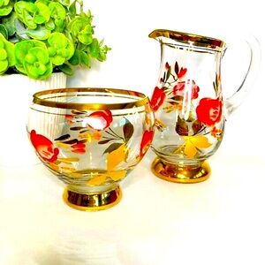 Vintage Sugar Bowl and Creamer pitcher Handpainted Glass Gilded Romania